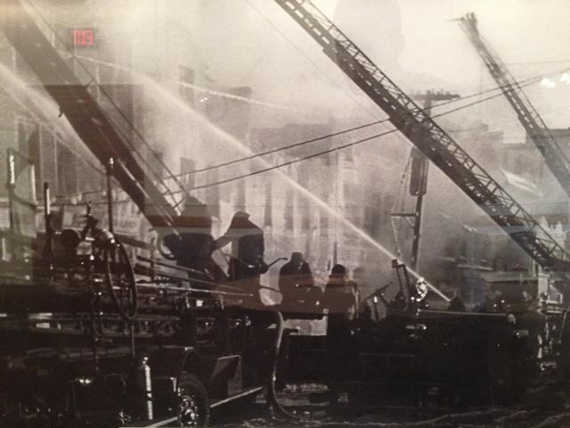 January 21, 1961 -Ladder 26 with East Port Chester Engine 3. Port Chester Ladders 30 & 31 in the background at 3rd Alarm Port Chester Box 35 126-134 South Main Street. 